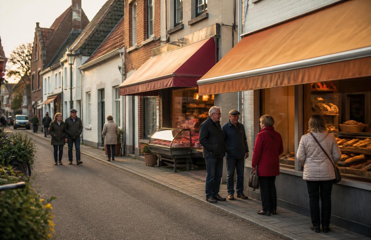 Winkelstraat in een Vlaamse dorpskern met lokale handelszaken